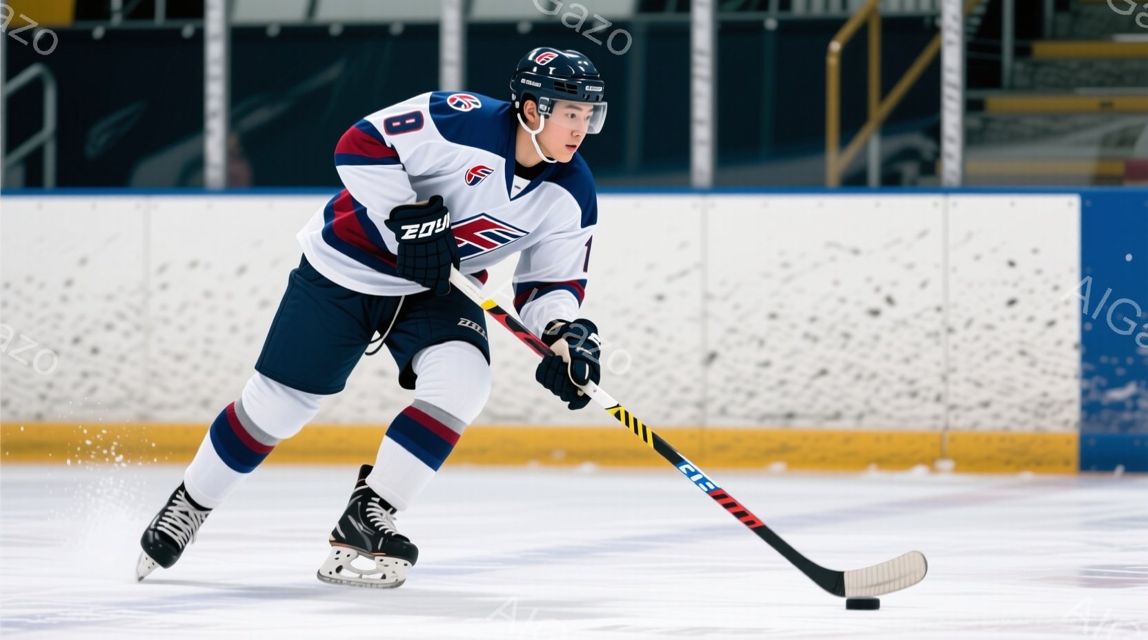 アイスホッケー選手がリンク上でプレーしている様子が写っている。彼は紺色と赤のストライプが入った白いユニフォーム、黒いヘルメット、そしてスケート靴を着用し、スティックを握って前方に集中した表情でいる。背景はアイスホッケーリンクで、観客席の一部がわずかに見えるが、全体的には集中してスポーツに打ち込む選手の姿が印象的である。