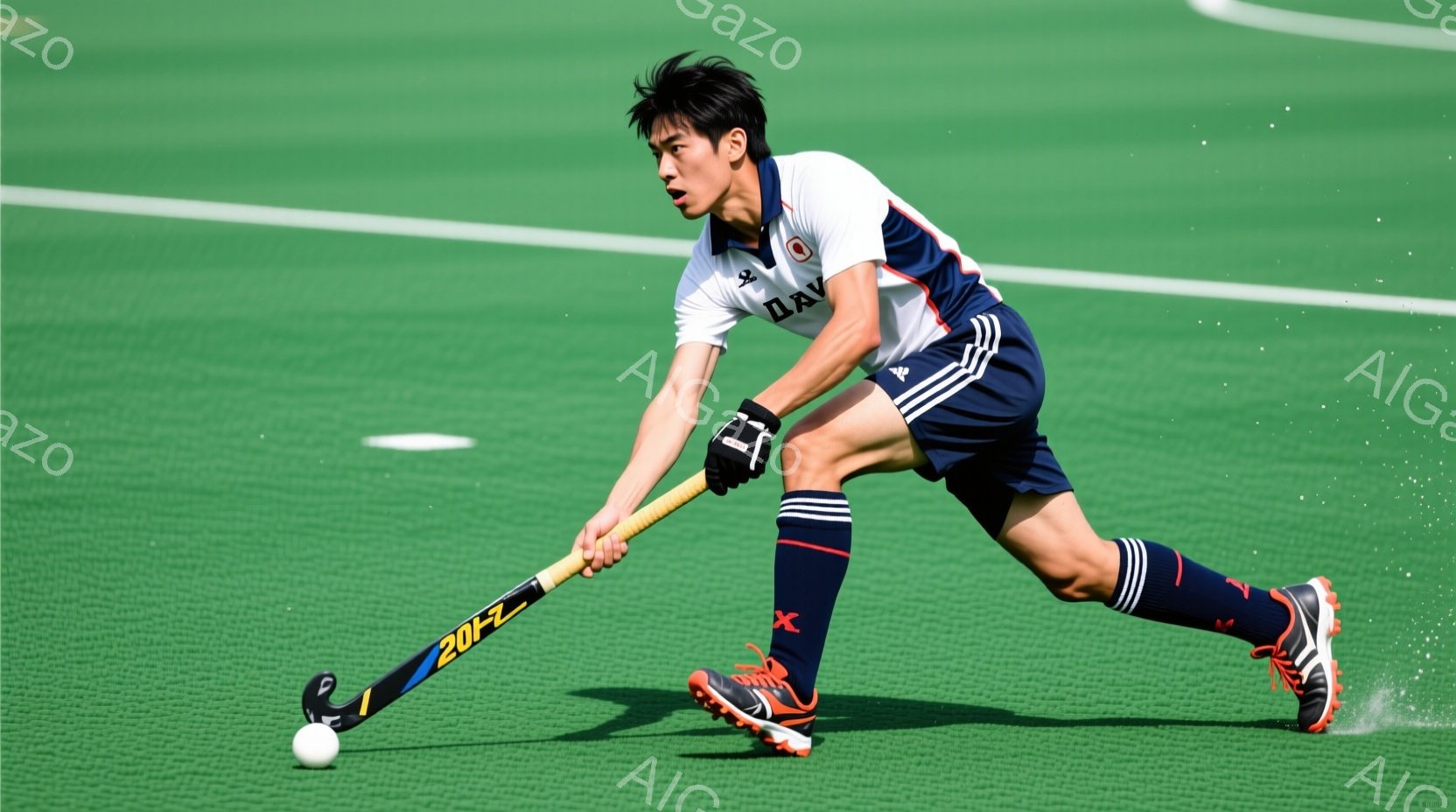 緑色の芝生の上を、日本のホッケー選手がプレーしている様子が写っている。紺色のユニフォームに白のラインが入り、ソックスも紺と白のストライプになっている。選手はホッケーのスティックを構え、ボールを打ち出す瞬間の力強い姿勢が捉えられており、集中した表情が見て取れる。