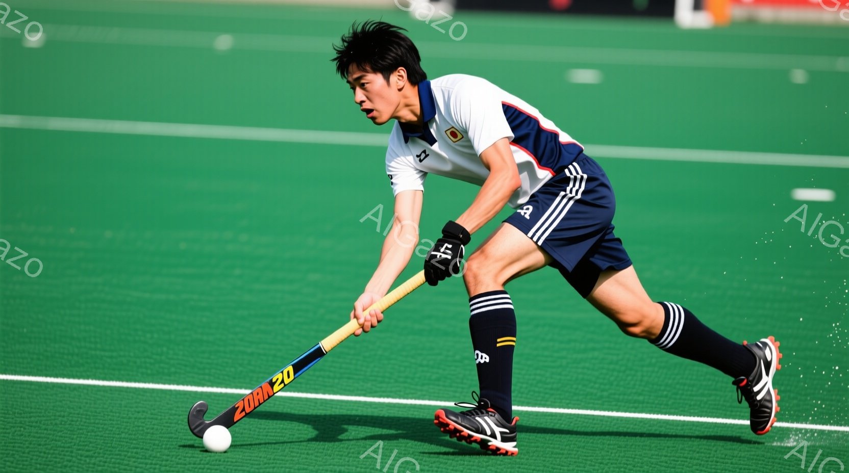 若い男性フィールドホッケー選手が、緑色の人工芝のフィールドでホッケーのボールをスティックで打ち、プレーしている様子が写っている。彼は白地に赤と青のストライプが入ったユニフォーム、黒いソックス、スニーカーを履いており、髪は短く整えられている。背景は鮮やかな緑色で、集中した表情で活気のある試合の瞬間を捉えている。