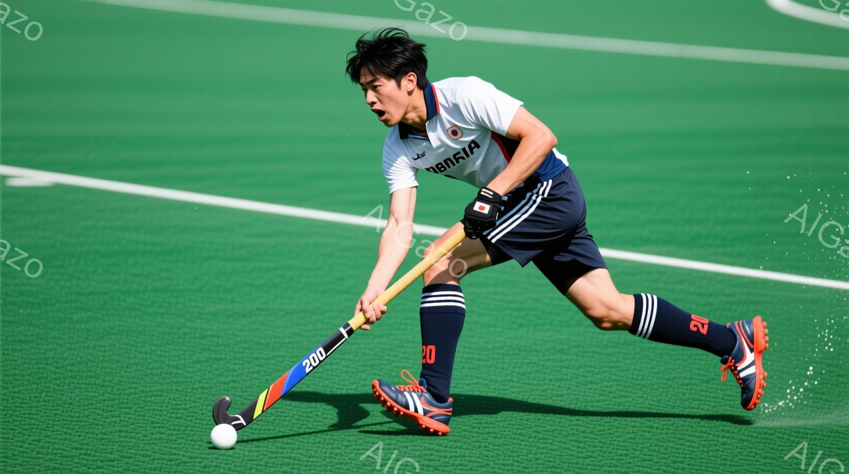 鮮やかな緑色のフィールドホッケー場を、日本代表の選手がプレーしている様子が写っている。紺色の短パンと白い長袖シャツを着用し、黒髪を短く整えた選手は、ホッケーのスティックを力強く構え、ボールを打ち出す直前の姿勢をとっている。背景には芝生のテクスチャが広がり、選手に集中した躍動感あふれる瞬間を捉えている。