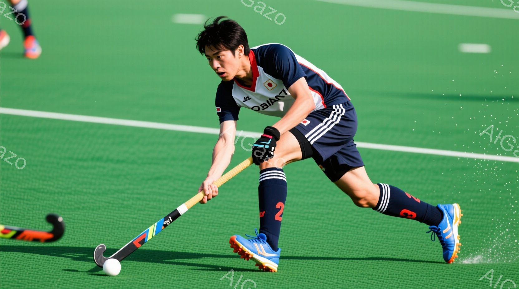 若い男性フィールドホッケー選手が、緑色の人工芝の上を走りながらホッケーのボールをスティックで打とうとしている瞬間を捉えた写真です。濃い青と白のストライプが入ったユニフォームを着用し、髪型は短髪で、集中した表情をしています。背景は緑色の芝生が広がり、他の選手の足が見えることから、試合中の様子であることがわかります。