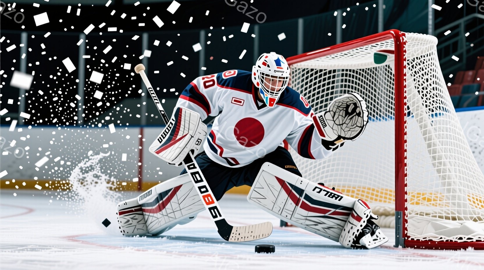 アイスホッケーのゴールキーパーが、白いユニフォームとヘルメットを身につけ、氷上でしゃがみ込み、集中した表情で次の動きを予測している。彼のユニフォームには、赤と青のラインが入り、背番号が大きく表示されて - AI生成フリー素材