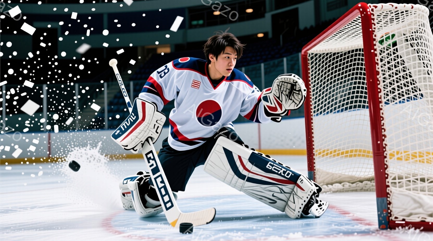 リンク上にいるアイスホッケーのゴールキーパーが写っています。彼は韓国代表のユニフォームとヘルメットを着用し、集中した表情で身構えています。背景にはホッケーネットとリンクの壁が見え、試合の臨場感が伝わってきます。