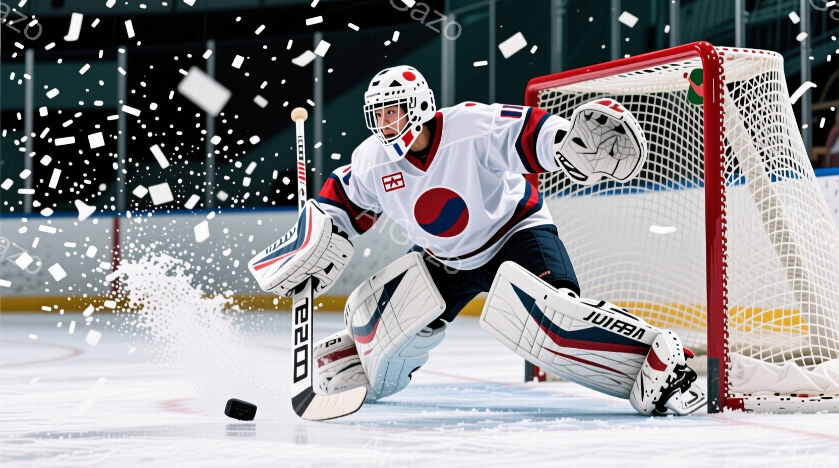 アイスホッケーのゴールキーパーが、氷上で身構える姿が捉えられています。白を基調としたチェコ代表のユニフォームを着用し、ヘルメットからは真剣な表情が伺えます。背景にはネットと氷上の破片が見え、試合の激し - AI生成フリー素材