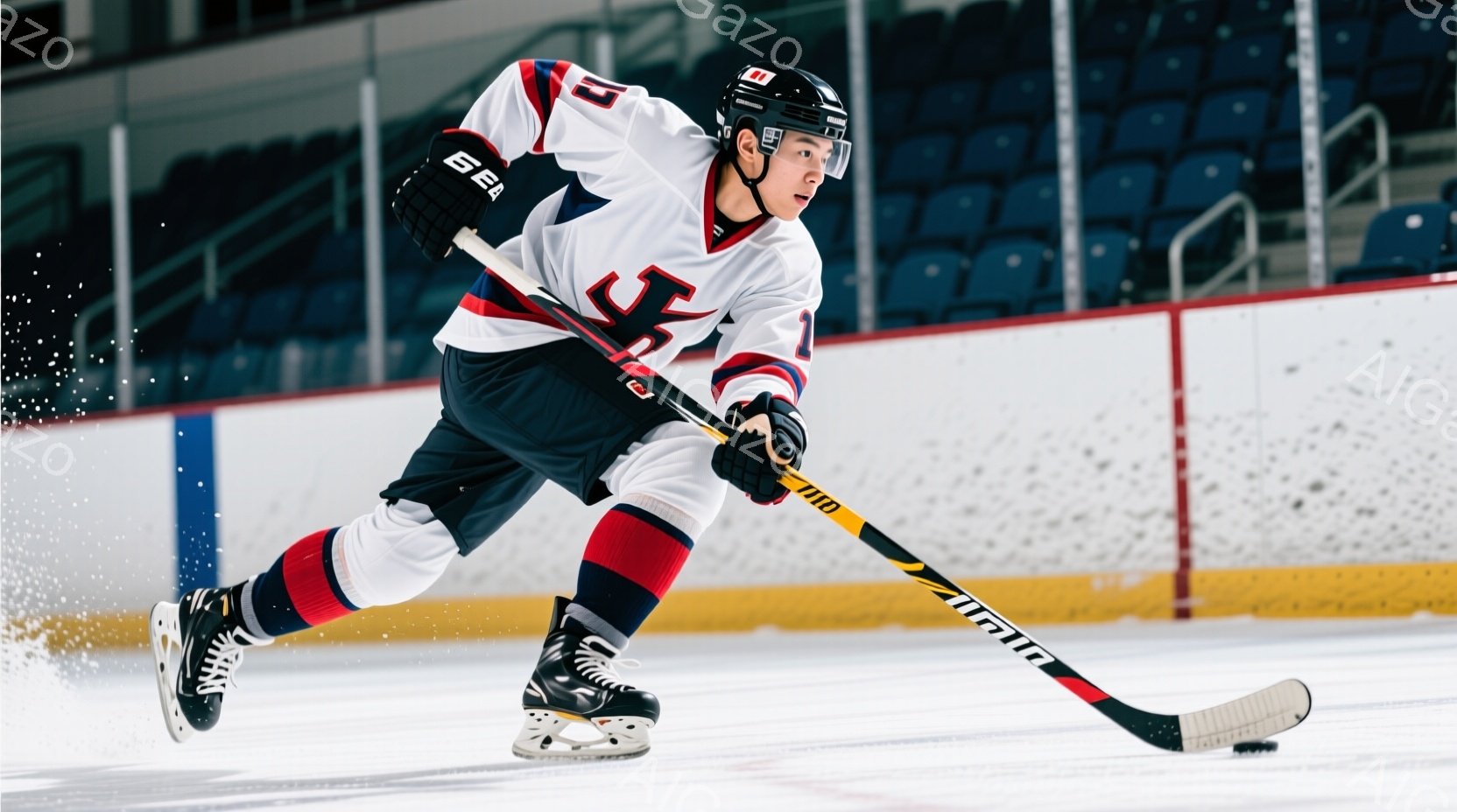 アイスホッケー選手がリンク上でプレーしている様子が写っている。選手は黒、赤、白のカラーリングのユニフォームとヘルメットを着用し、集中した表情でスティックを構えている。背景には観客席が見え、リンク全体が明るく、動きのある雰囲気を醸し出している。
