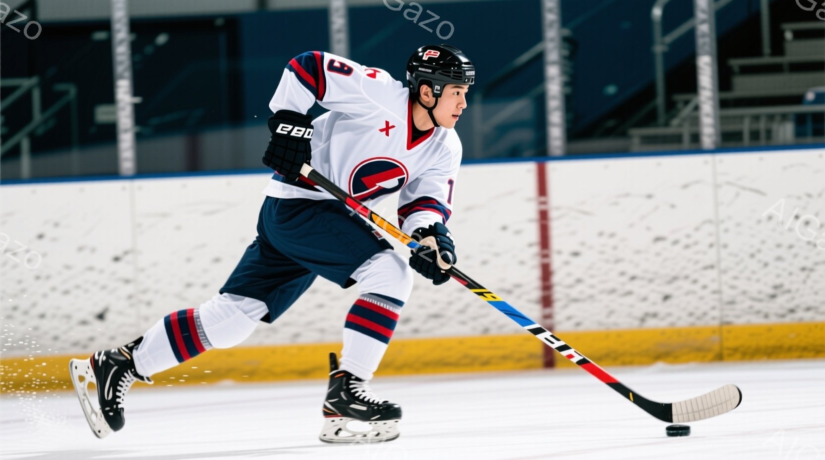 アイスホッケー選手がリンク上を滑走している様子が写っている。白を基調としたユニフォームに紺と赤のラインが入り、ヘルメットを着用している。リンクの背景には観客席が見え、氷上に細かい氷の粒子が舞っているこ - AI生成フリー素材