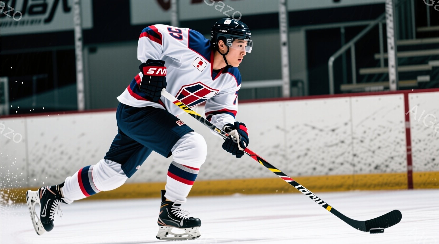 アイスホッケー選手が氷上でスティックを構え、プレーに集中している様子が写っている。赤、白、青を基調としたユニフォームに、黒のヘルメットとプロテクターを着用し、黒髪をヘルメットの下に隠している。背景は観客席の一部が見えるアイスリンクで、全体的に運動と競技の活気を感じさせる雰囲気である。
