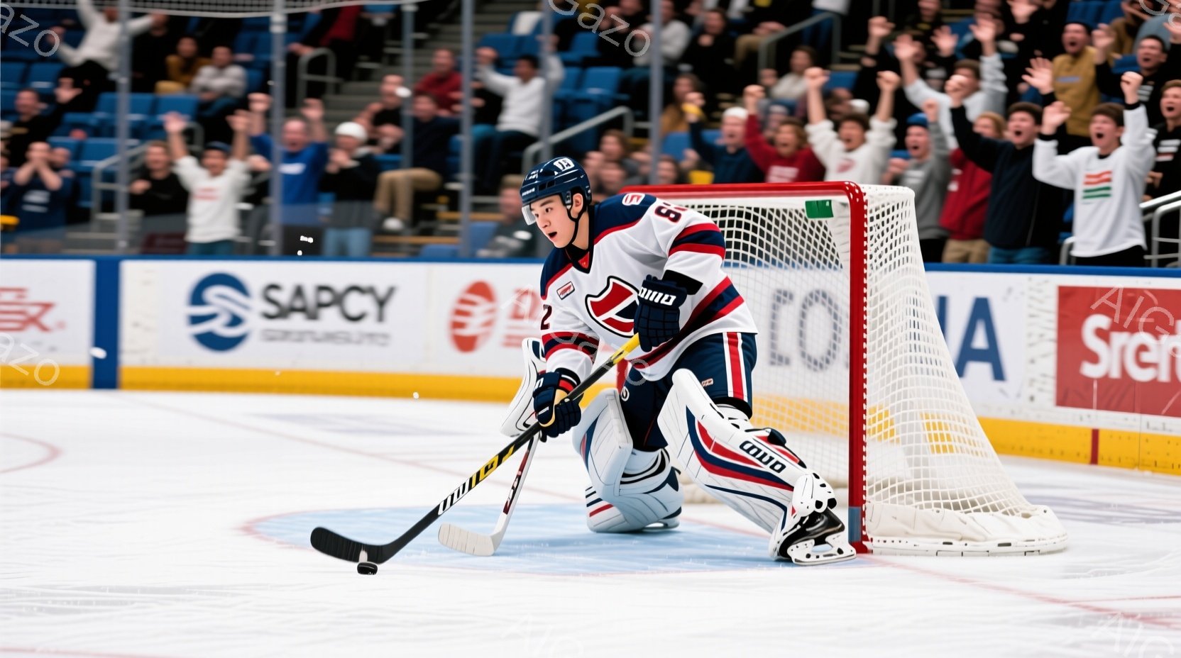 アイスホッケーのゴールキーパーが、氷上で身構えながらパックを見つめている。彼は赤、白、紺色のホッケーユニフォームとヘルメットを着用し、集中した表情で構えている。背景には観客席が見え、応援している人々が - AI生成フリー素材