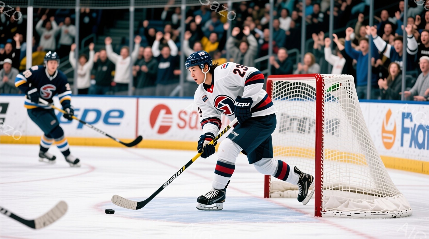 アイスホッケーの選手が、リンク上でスティックを構え、プレーの準備をしている様子が写っている。赤、白、黒のユニフォームを着用し、ヘルメットを被っている。背景には観客席が広がり、観客が手を挙げて応援している様子や、リンクの壁に描かれた広告が見える。