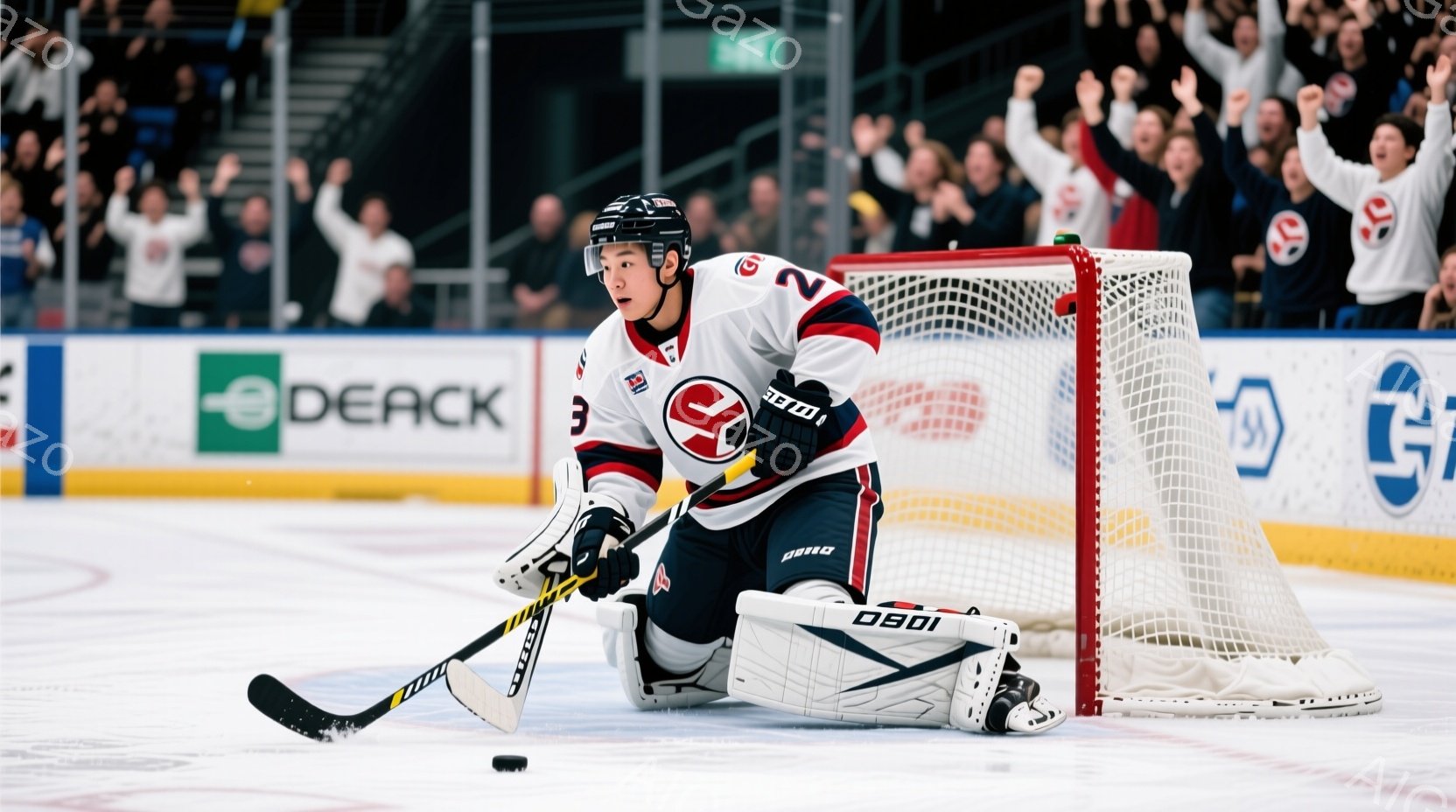 アイスホッケーのゴールキーパーが、試合中に膝をついてポーズをとっています。彼は白い、赤と黒のラインが入ったユニフォームとヘルメットを着用し、黒いプロテクターとグローブを装備しています。背景には、観客席が密集しており、熱狂的な雰囲気の中で、勝利を祈るように両手を上げている人々が見えます。
