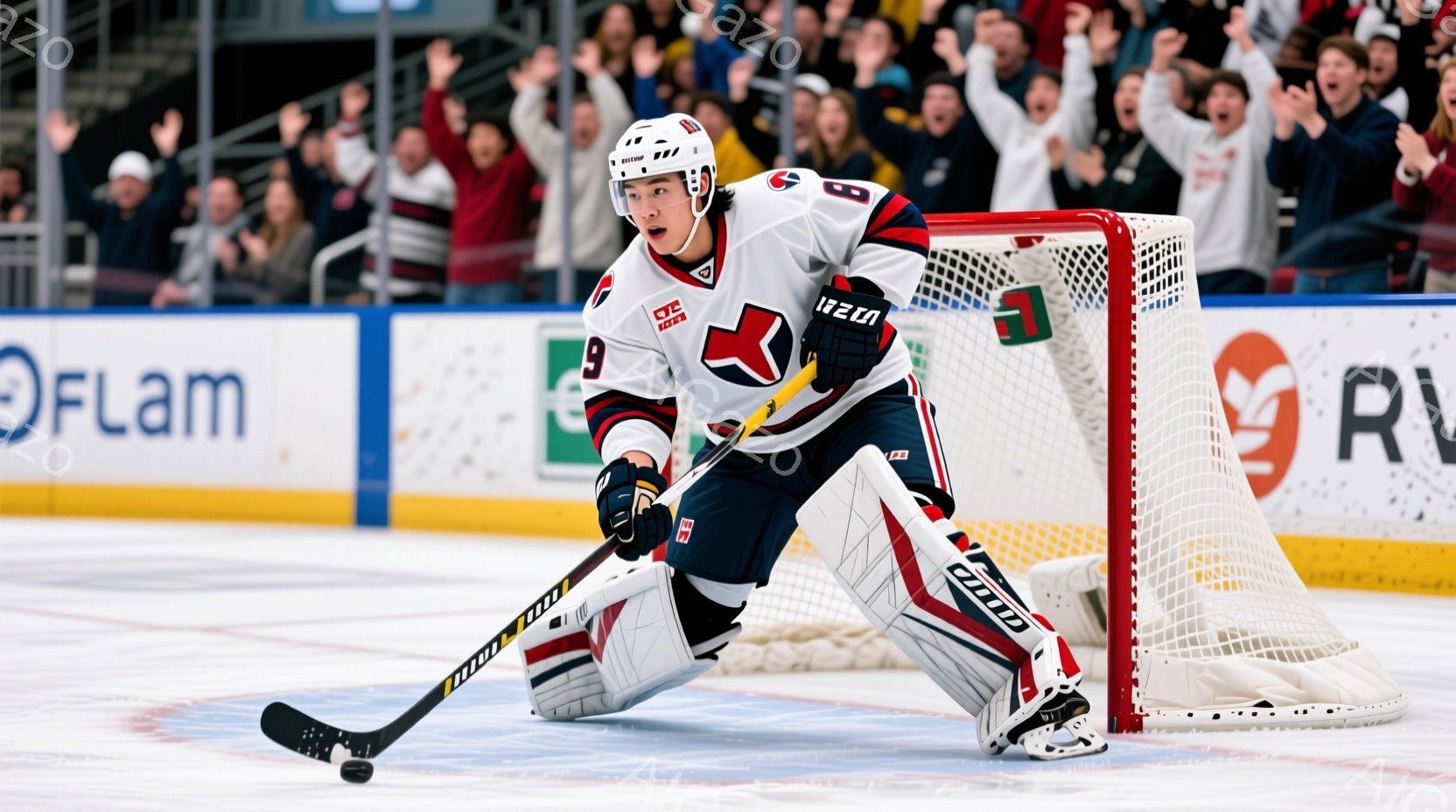 アイスホッケーのゴールキーパーが試合中に構えています。紺と赤のユニフォームとヘルメットを着用し、膝と足には白いプロテクターを付けています。背景には観客席が見え、アイスホッケーリンクの白く冷たいアイスが - AI生成フリー素材