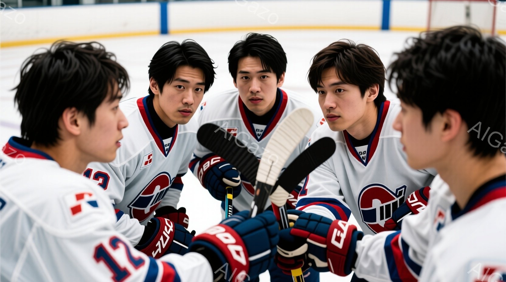 リンクにいる若いアイスホッケー選手たちが円陣を組み、チームを鼓舞している様子が写っている。彼らは皆、白を基調としたジャージに青と赤の装飾が施され、ヘルメットを着用している。険しい表情で互いを見つめ合い、手に持ったホッケースティックを中央に集めている様子から、試合への強い決意が感じられる。