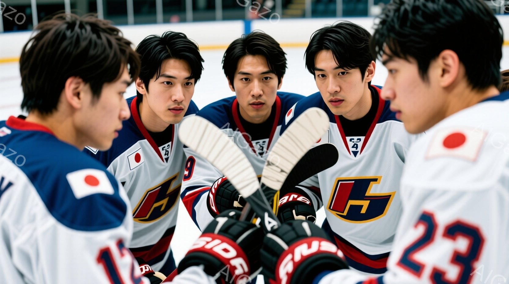 アイスホッケーの選手たちが円陣を組み、集中した表情で何かを語り合っている様子が写っている。彼らは白を基調としたユニフォームに、青とオレンジのライン、そして背中に数字が入ったウェアを着用し、ヘルメットを装着している。背景はアイスホッケーリンクで、他の観客や設備が見え、活気のある競技場の雰囲気が伝わってくる。