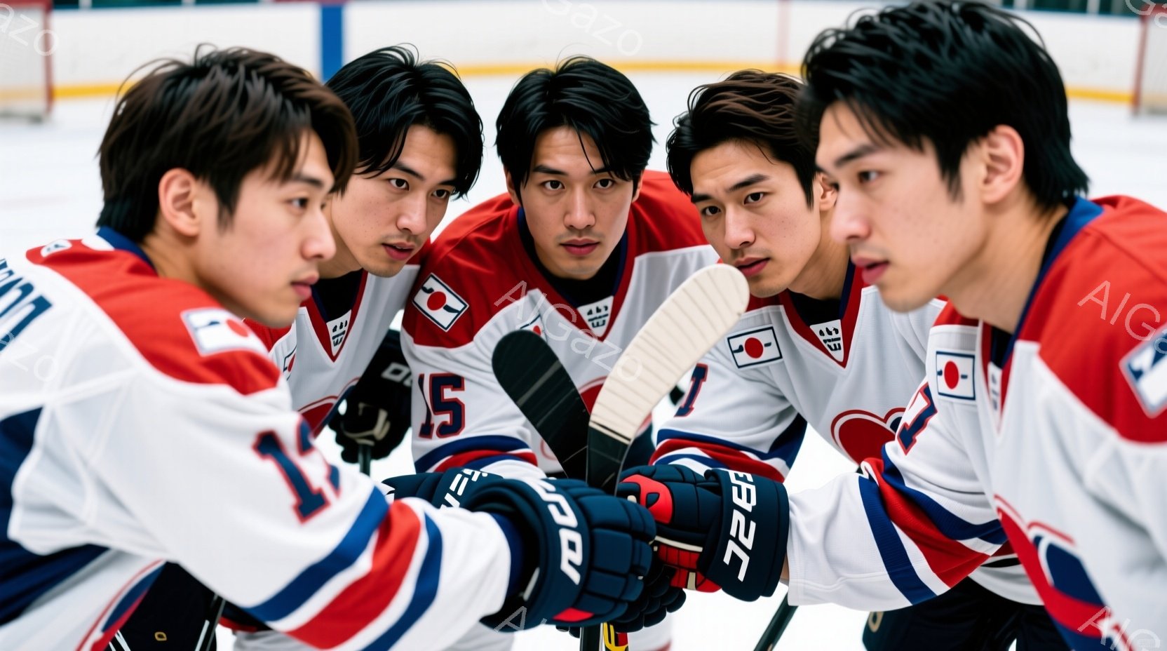 ５人の若い男性がアイスホッケーのリンクに集まっており、白いホッケーユニフォームに赤いラインと日本の国旗のワッペンがついています。彼らは黒いホッケーグローブをはめており、中心に置かれたホッケーパックを見つめ、真剣な表情で次の戦略について話し合っているようです。リンクは雪で覆われており、氷の質感がよくわかります。