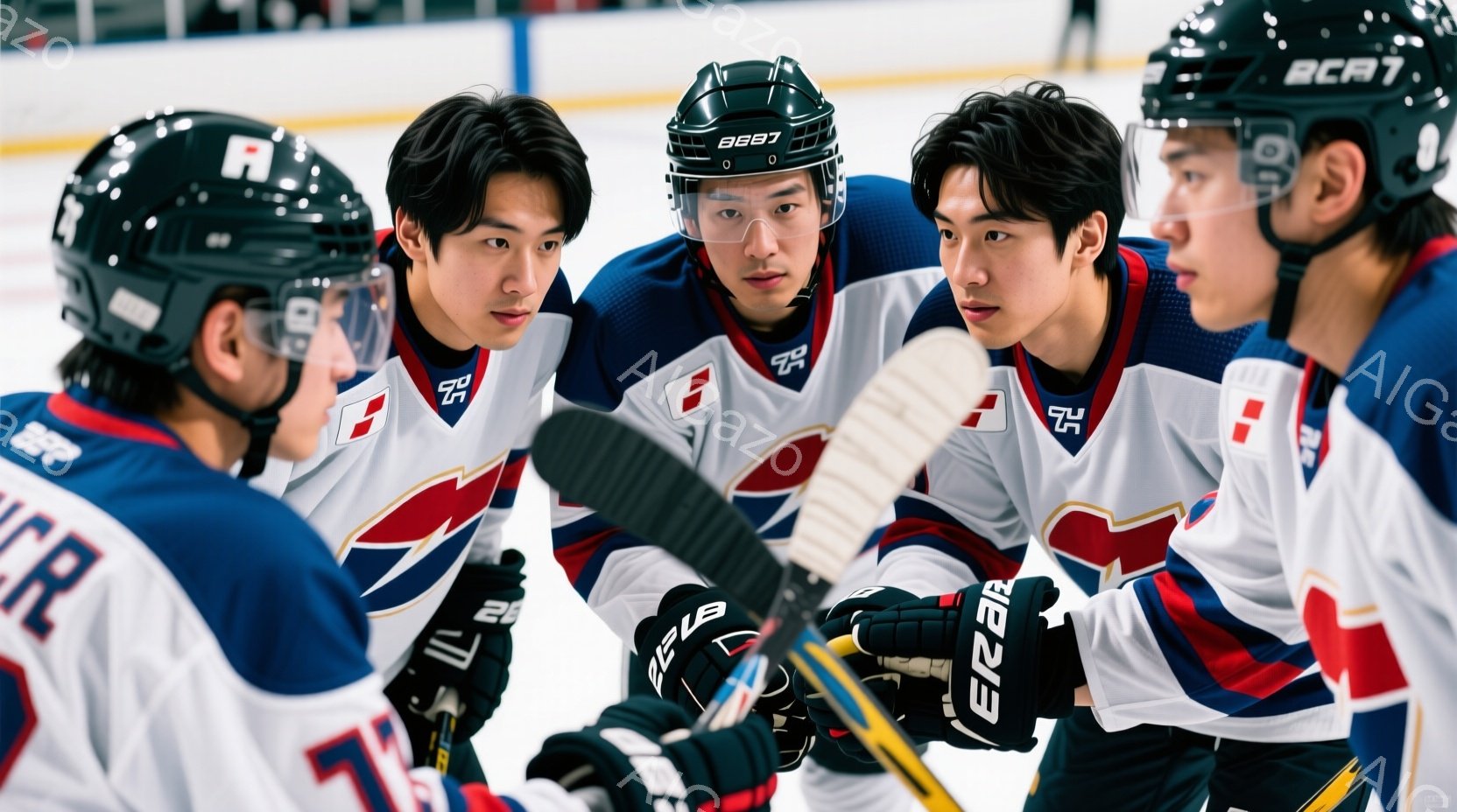 アイスホッケーの選手たちが円陣を組み、熱心に話し合っている様子が写っています。選手たちは青と白を基調としたユニフォームとヘルメットを着用し、真剣な表情で中央にいる選手を見つめています。背景はぼやけていますが、室内競技場であることがわかります。
