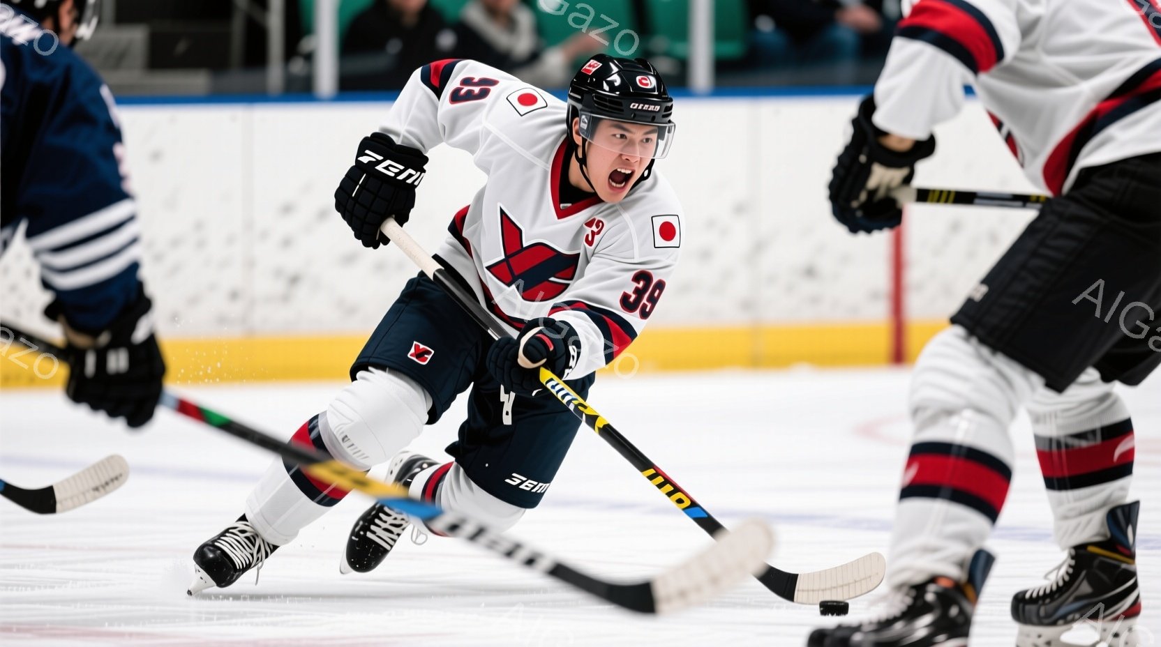 紺と赤のホッケーユニフォームを着た選手が、リンク上で力強くスケーティングしている。彼の表情は真剣で、まるでゴールを目指して突き進んでいるようだ。背景には他の選手がぼやけて写っており、活気あるアイスホッ - AI生成フリー素材