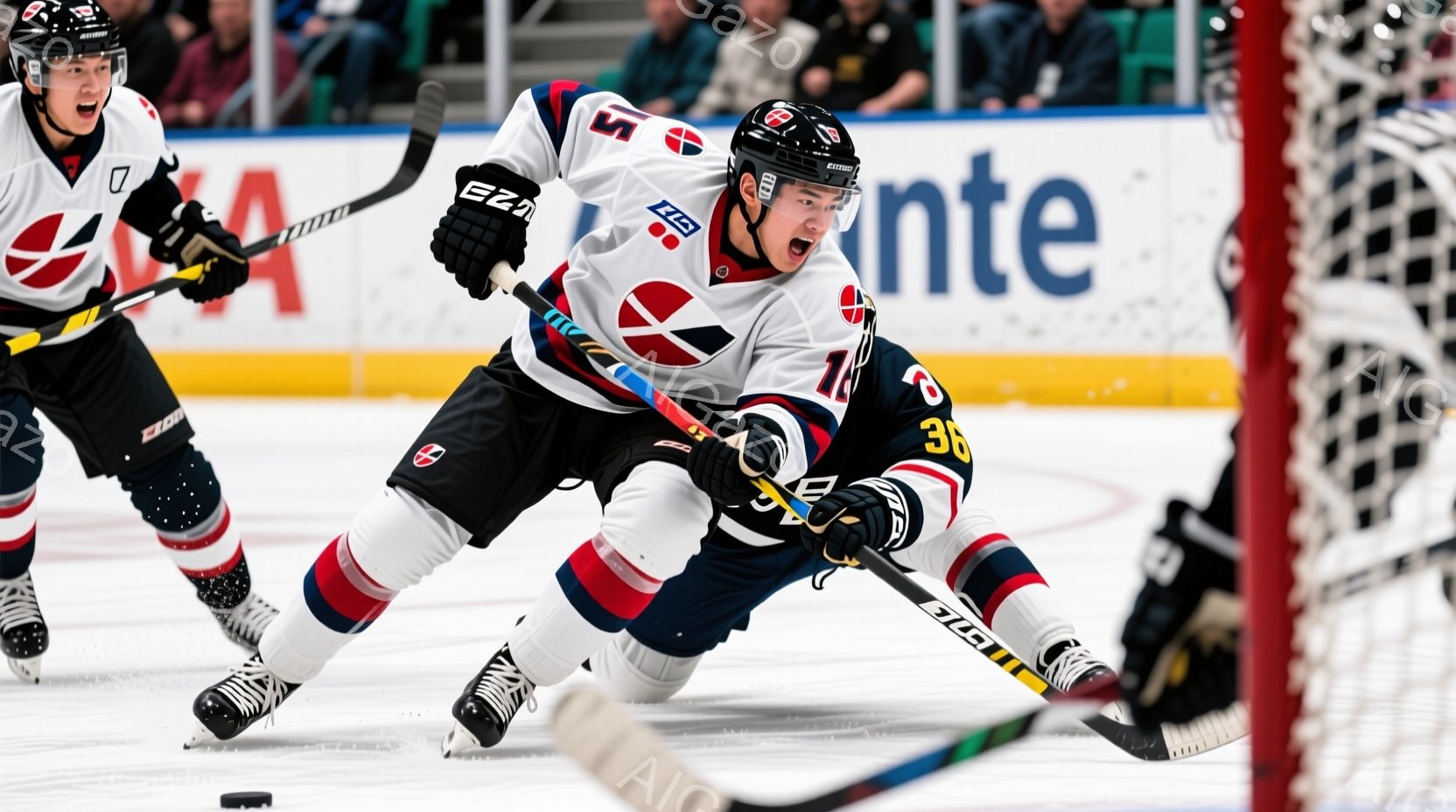 リンクホッケーの試合中の様子で、青と赤のユニフォームを着た選手が、力強くスケートしながらパックを狙っています。選手は決意に満ちた表情で、髪はヘルメットから少しだけ覗いています。背景には観客席とネット、そして「Inte」という文字が見え、試合の緊迫感と活気を感じさせます。