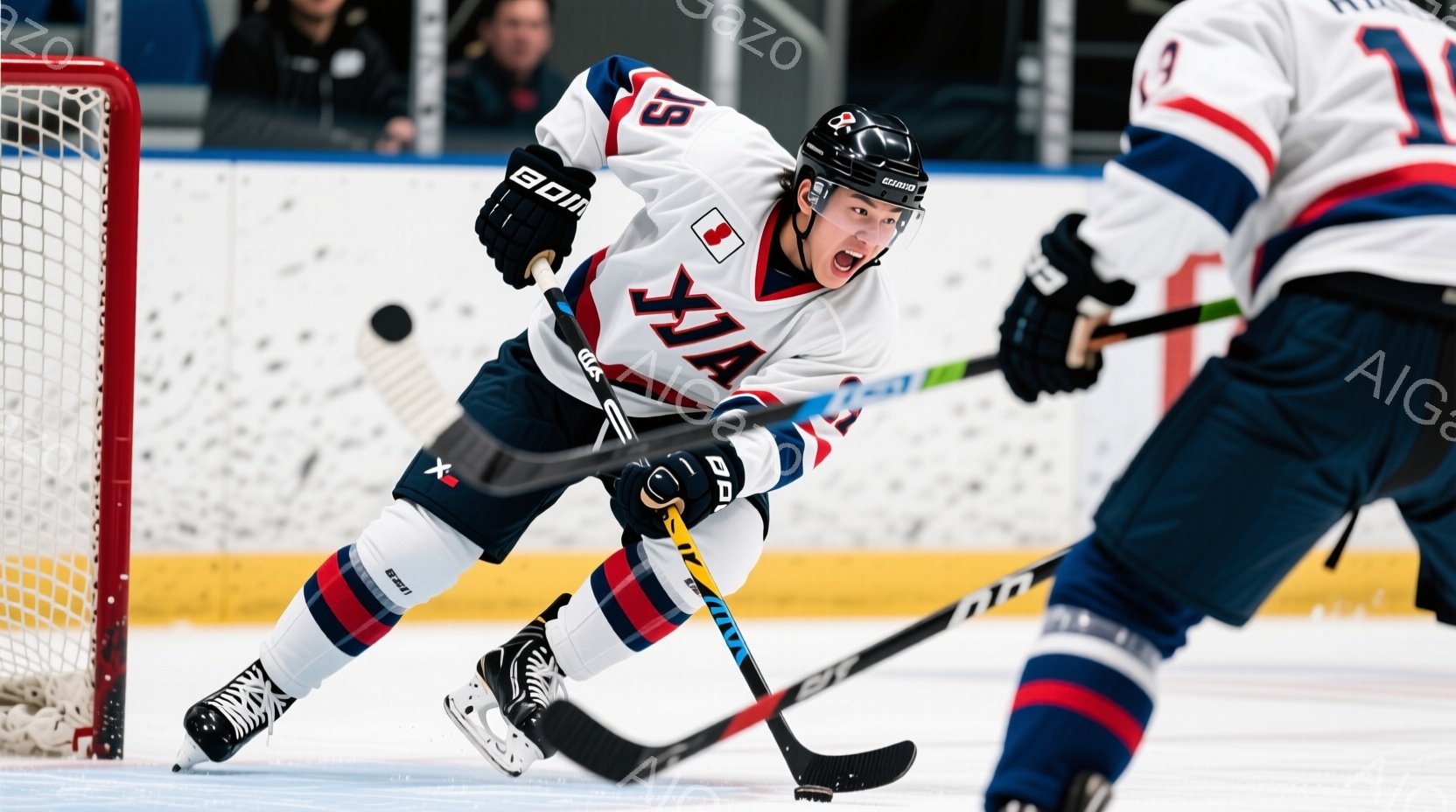 アイスホッケーの選手が激しいプレーを見せている様子が写っている。紺色、赤、白のストライプのユニフォームを着用し、ヘルメットを被っている。選手の表情は真剣で、プレーに集中しているのが見て取れる。