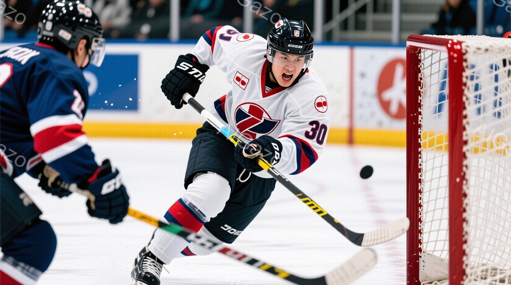 氷上ホッケーの試合中の様子で、赤いヘルメットとユニフォームを着用した選手が、パックを狙ってスティックを振るう姿が捉えられています。選手は決意に満ちた表情で、体を低く構え、スピード感のある動きを見せています。背景には観客席と、ホッケーネットが見え、競技場の活気を感じさせる光景です。