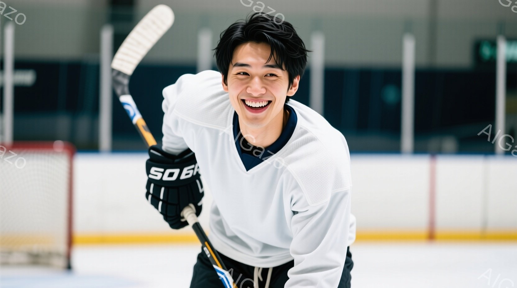 アイスホッケーの選手と思しき若い男性が、リンク上で笑顔でポーズをとっています。白のホッケーシャツに黒のグローブとズボンを着用し、ホッケーのスティックを握っています。背景には、ホッケーゴールのネットとリンクの壁が見え、明るい室内での撮影である様子がうかがえます。