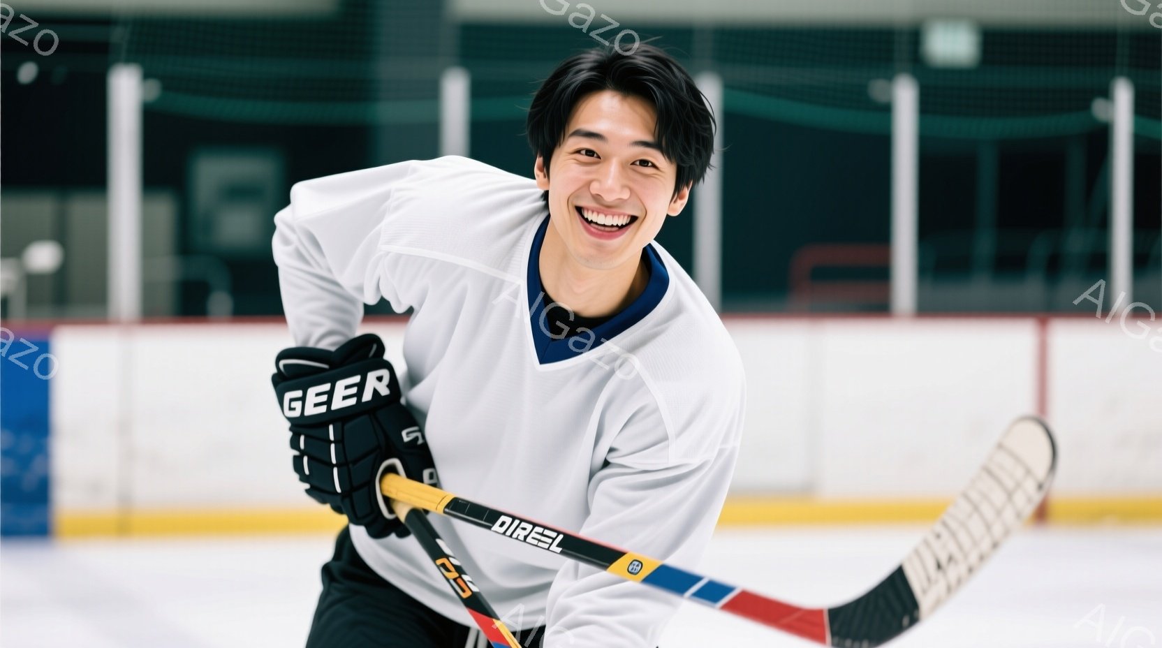 アイスホッケーのユニフォームを着た若い男性が写っています。彼は笑顔で、ホッケーのスティックを握り、左足を前に出してかがんでいます。背景はアイスホッケーリンクで、壁や安全ネットが見え、明るい照明が照らさ - AI生成フリー素材