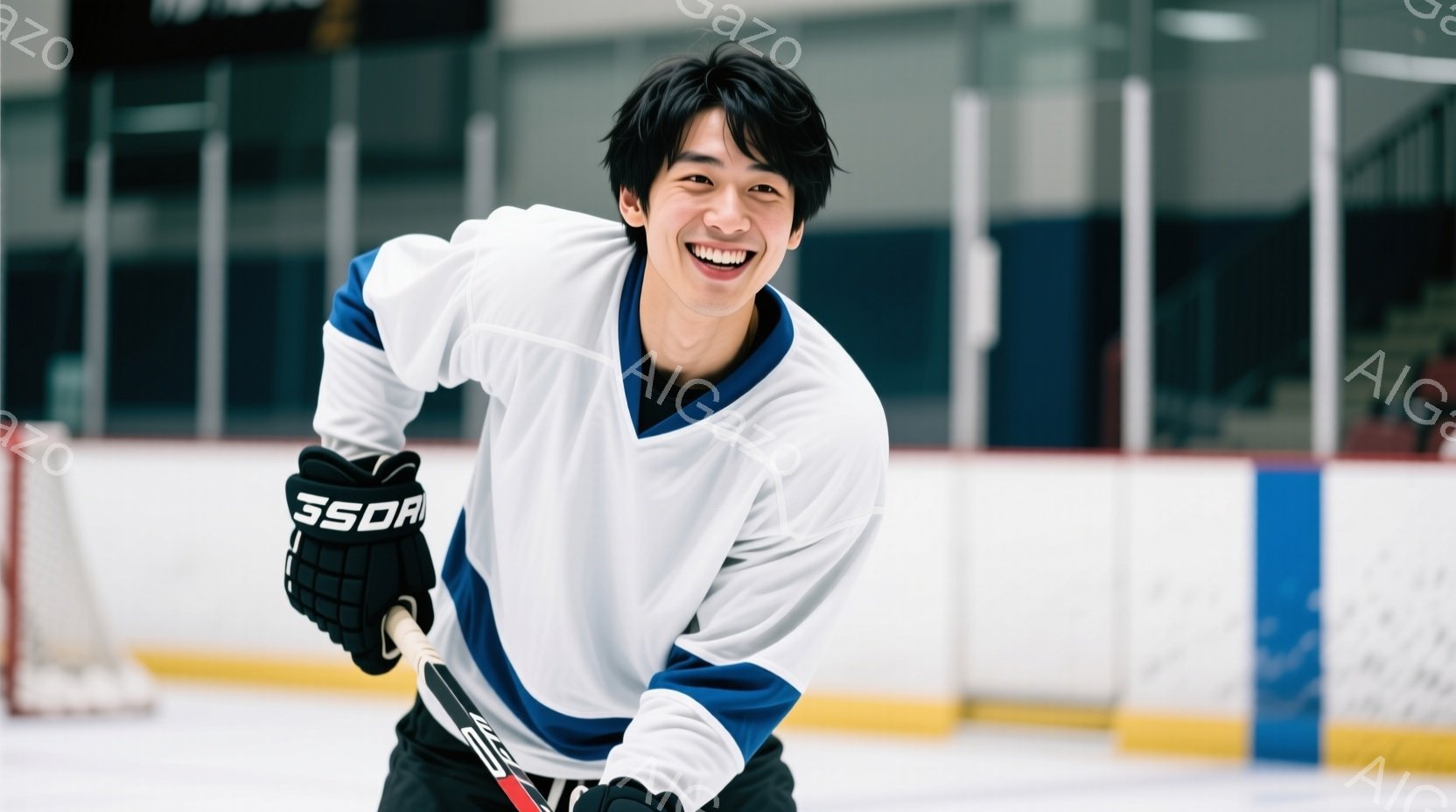 若い男性がアイスホッケーのリンクに立っており、白い長袖のジャージと濃い青色のアクセント、黒いズボン、ホッケーグローブを着用しています。彼はホッケーのスティックを持ち、大きく笑顔を浮かべ、活気に満ちた表情をしています。背景はアイスホッケーのリンクで、青と赤のラインが描かれ、リンクの壁がぼやけて見えます。