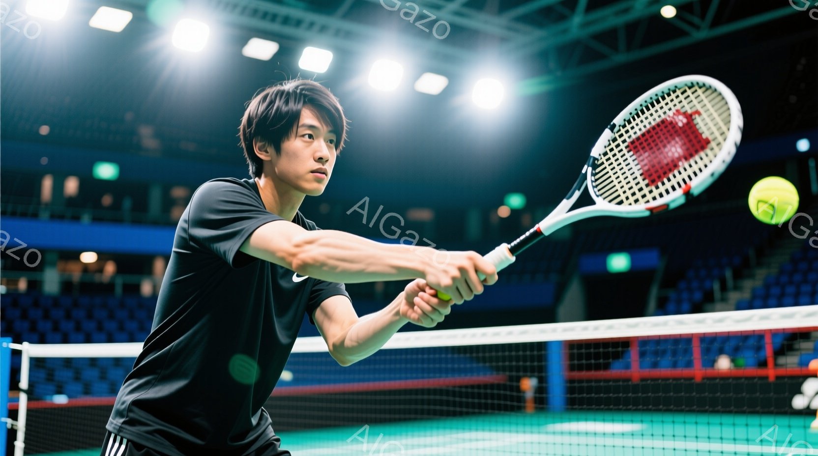 黒いテニスウェアを着た男性が、テニスラケットを大きく振りかぶり、ボールを打とうとしている瞬間を捉えた写真です。彼は短髪で、集中した表情で前を見据えています。背景は体育館のコートで、観客席がぼんやりと見え、競技場の照明が明るく照らされています。