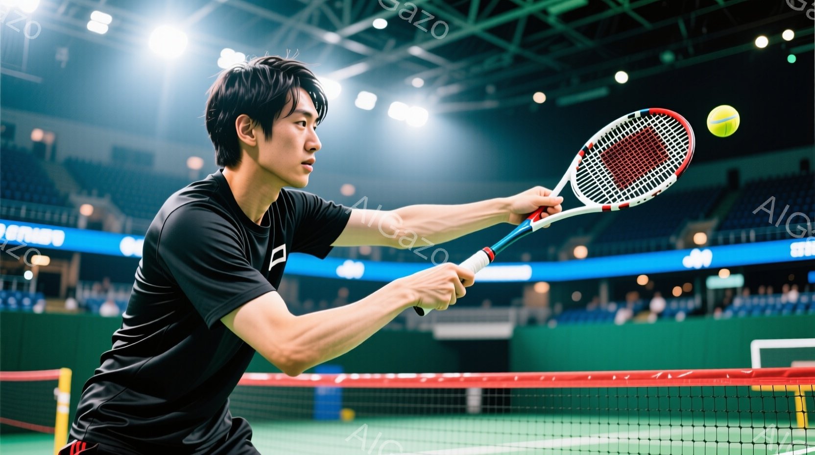 黒いテニスウェアに身を包んだ男性が、テニスラケットを大きく振りかぶり、フォアハンドショットを打とうとしている瞬間を捉えた写真です。髪型は短く、集中した表情でボールに視線を向けています。背景は、観客席のある屋内テニスコートで、ライトが照らされており、競技の雰囲気が伝わってきます。