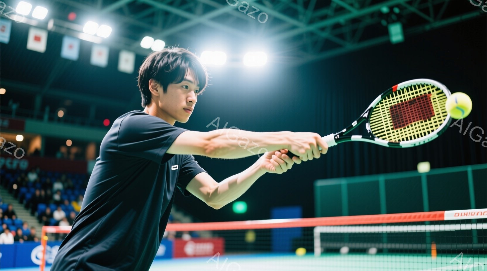 男性のテニス選手がフォアハンドストロークを打つ瞬間を捉えた写真です。黒い半袖シャツとショーツ姿で、短髪に整えられたヘアスタイルが特徴的です。背景には観客席が見え、屋内テニスコートの明るい照明とネットが - AI生成フリー素材