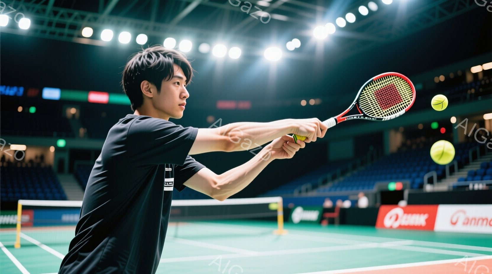 バドミントン選手が試合中にスマッシュを打とうとしている瞬間を捉えた写真です。黒いTシャツを着ており、短髪で、集中した表情でラケットを振りかぶっています。背景はバドミントンコートで、観客席が見え、明るい照明が照らされており、競技場の熱気が伝わってきます。