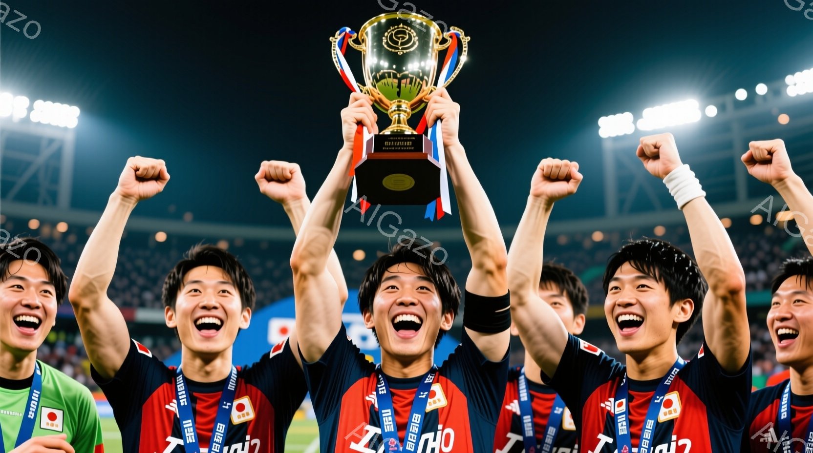 複数の若い男性たちが、勝利のトロフィーを掲げ、満面の笑みを浮かべている。彼らは赤と青のストライプのユニフォームに、日本の国旗が描かれたメダルを首にかけており、髪型は短髪で、エネルギッシュな表情をしている。背景は夜のスタジアムで、観客席のライトが点灯しており、勝利の興奮と喜びが伝わってくる。
