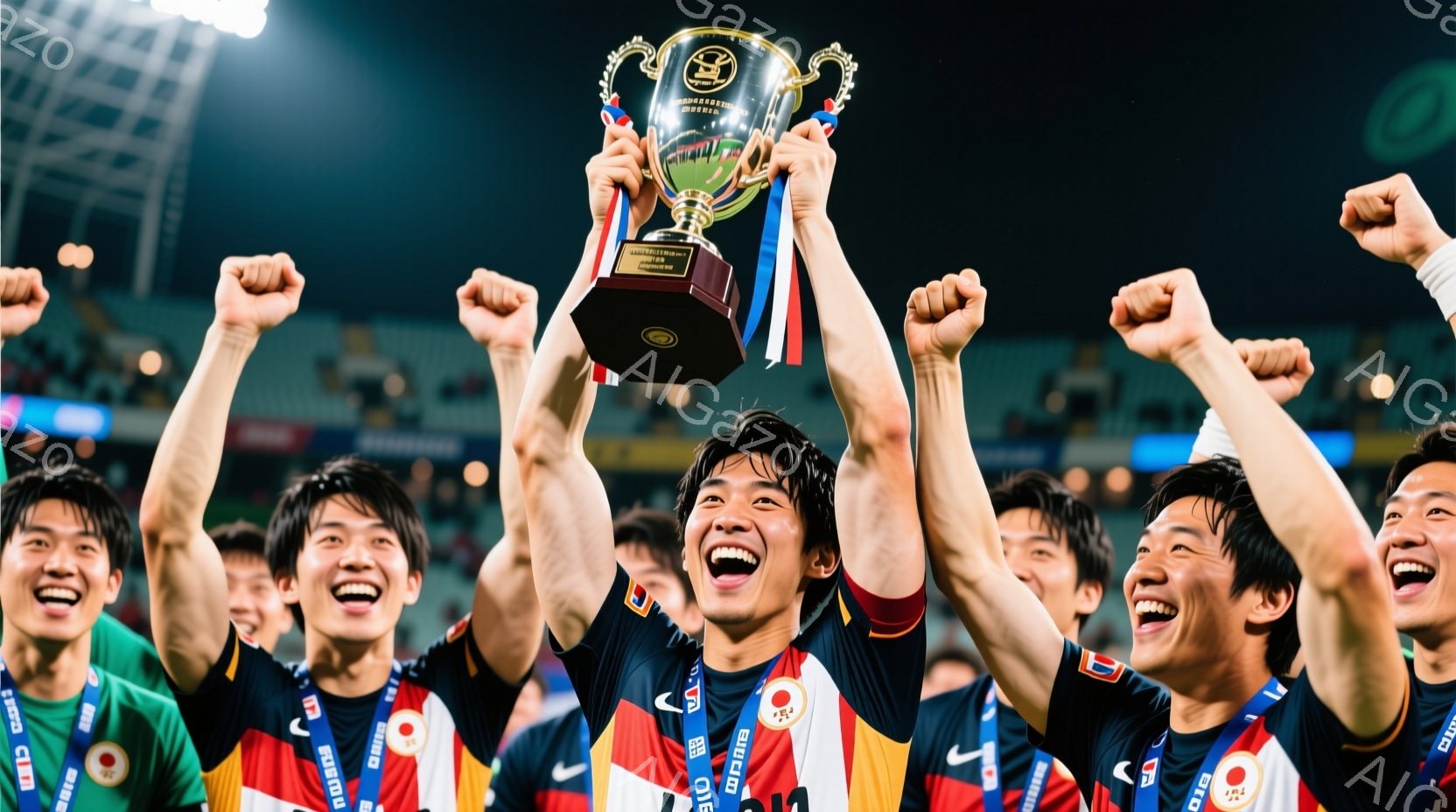 サッカー選手たちが、トロフィーを高々と掲げ、歓喜に沸いている様子が写っている。緑とオレンジ色のユニフォームを着用し、髪型は短髪で、顔には勝利の笑顔が溢れている。背景には観客席が見え、夜間のスタジアムで - AI生成フリー素材