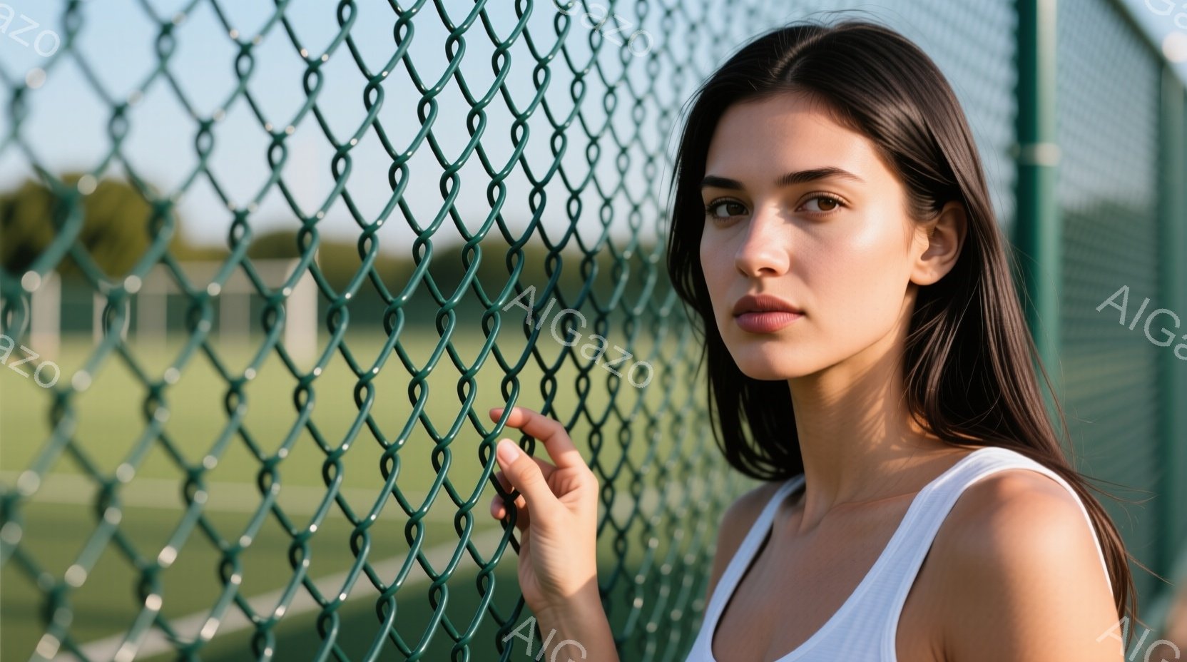 長い黒髪をなびかせた女性が、緑色のフェンスの前に立っている。白いタンクトップを着ており、わずかに微笑んだ表情でカメラを見つめている。背景には緑豊かな草地とぼやけた木々が見え、晴れた日の穏やかな雰囲気が - AI生成フリー素材