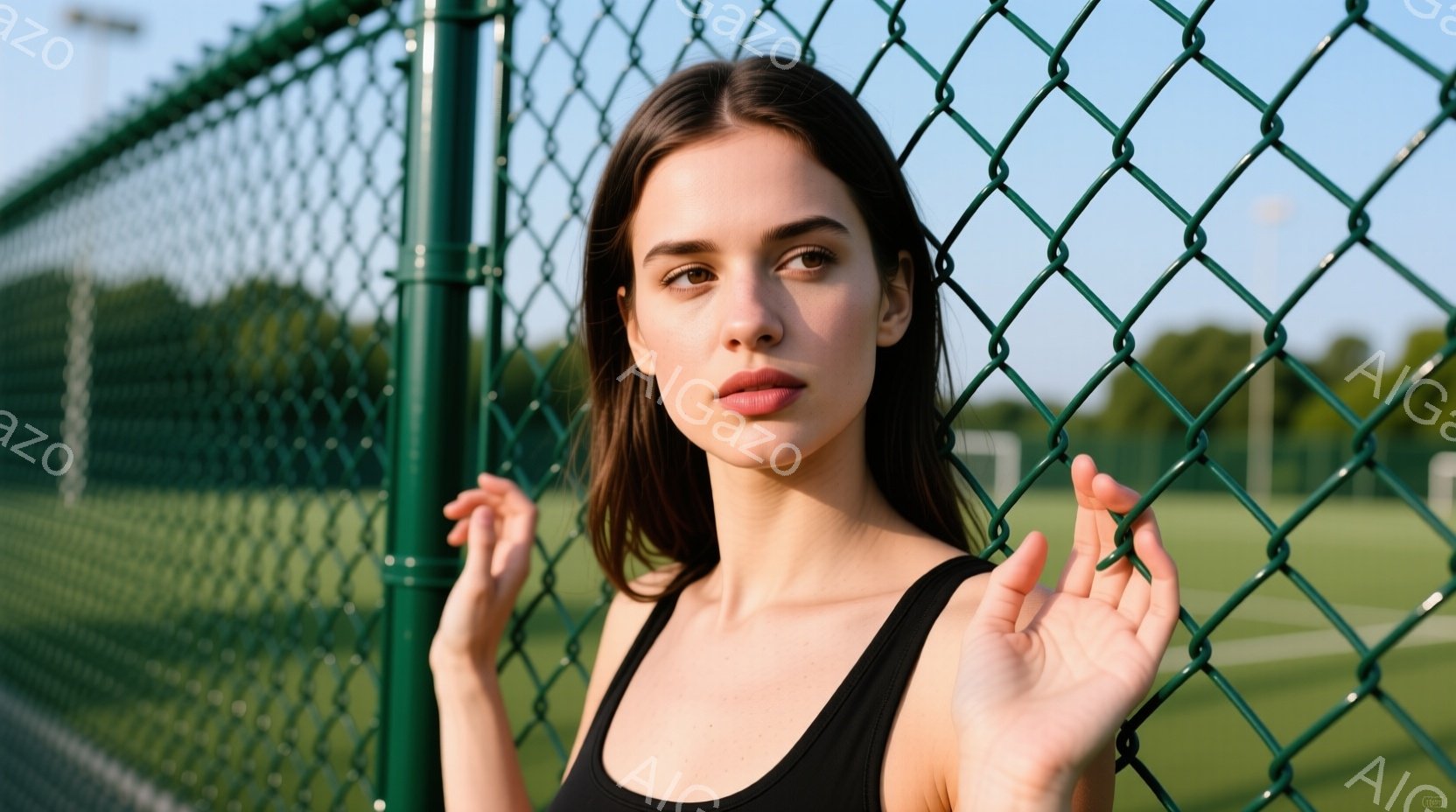 長いダークヘアを肩にかける女性が、緑色のフェンスの前で立っている。彼女は黒いタンクトップを着ており、少し開いた口元と穏やかな表情をしている。背景には緑豊かな植物とフェンス、そしてぼんやりと見える建物があり、穏やかで自然な雰囲気が漂っている。