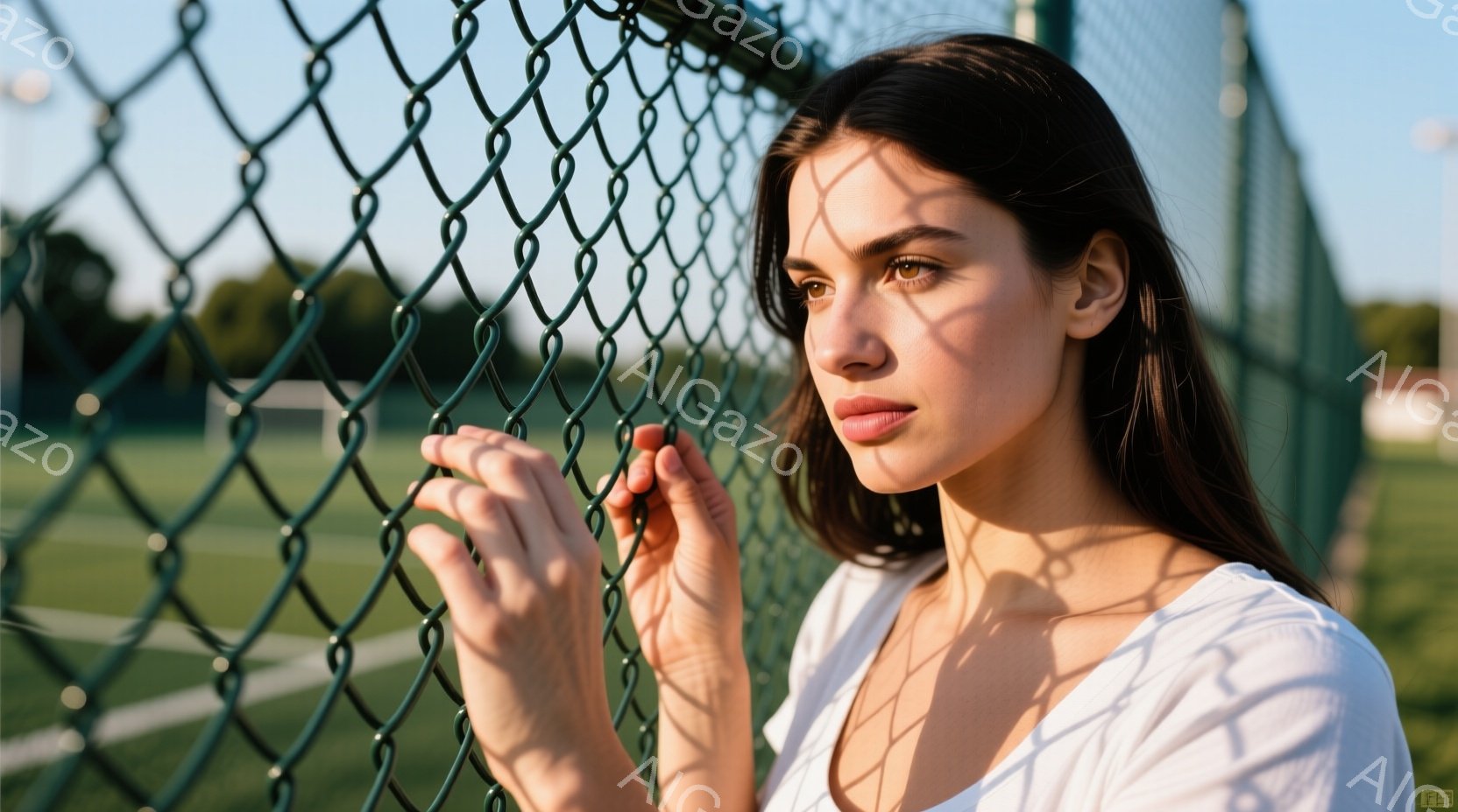 長いダークヘアを無造作に垂らし、白いトップスを着た若い女性が、緑色のフェンスに手を添えて立っています。彼女は少し憂いを帯びた表情で、遠くを見つめており、どこか物思いにふけっているようにも見えます。背景には緑色の芝生と、ぼやけた建物が見え、晴れた日の穏やかな雰囲気が漂っています。