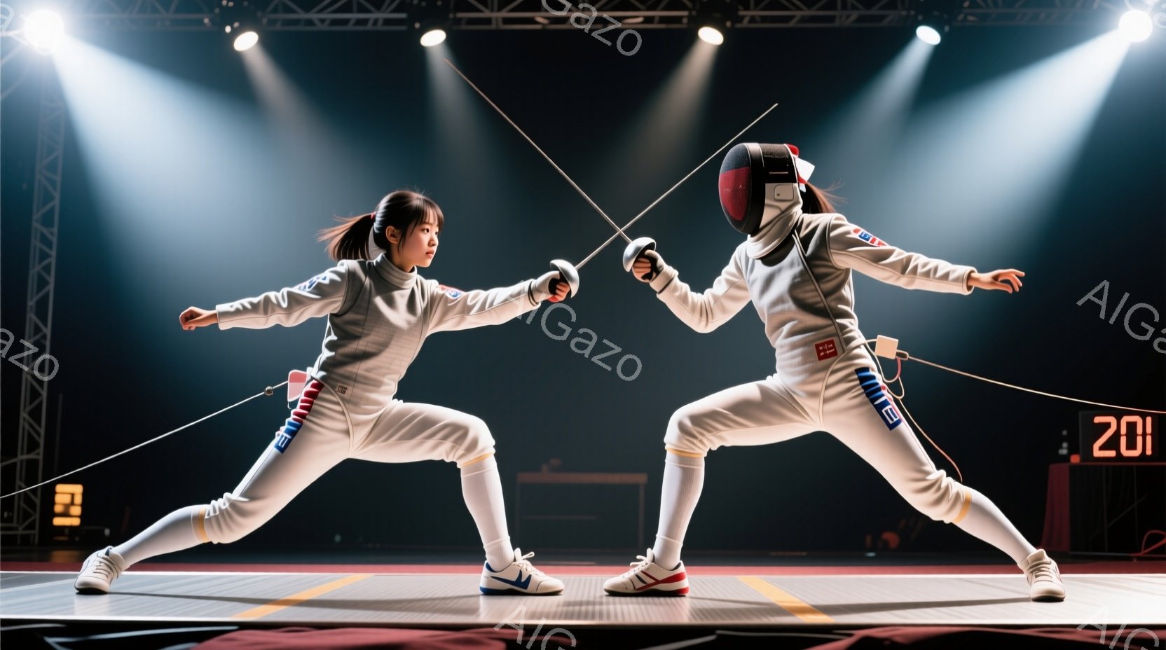 競技場内でフェンシングの試合が行われています。二人の選手は白いフェンシングスーツとヘルメットを着用し、剣を構えて互いに向かい合っています。背景には観客席や照明が見え、競技場の集中した雰囲気が伝わってき - AI生成フリー素材