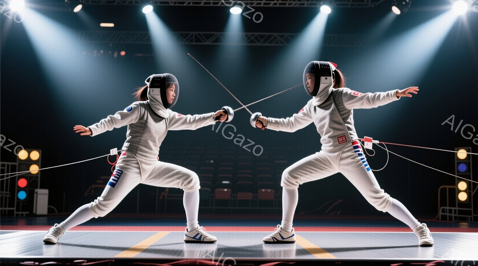 競技者は白いフェンシングスーツとプロテクターを着用し、ヘルメットで頭部を保護しています。二人はフェンシングの構えを取り、剣を前に突き出し、互いに向き合いながら緊張感のある姿勢を見せています。背景にはフ - AI生成フリー素材