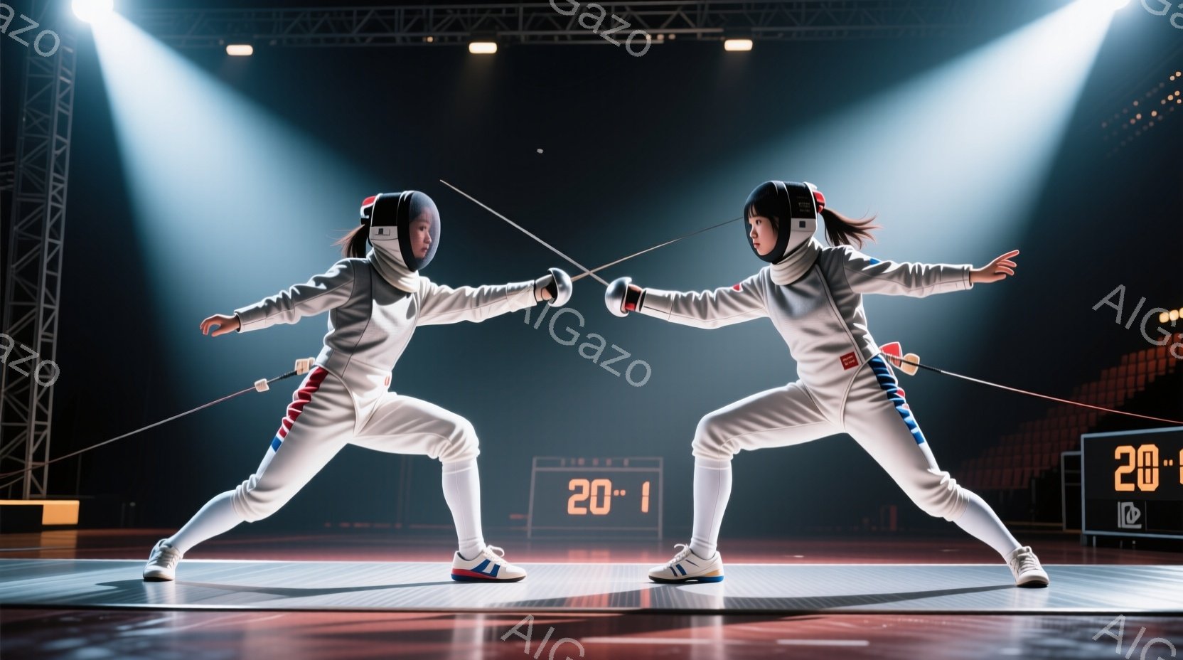 競技場の床で、フェンシングのユニフォームを身につけた二人の女性が対峙している。彼女たちはそれぞれ白いフェンシングスーツ、黒いマスク、そしてポニーテールにしており、剣を構えて互いを睨みつけている。背景は暗く、天井からはスポットライトが照らされ、競技場のスコアボードには「20-1」と表示されている。