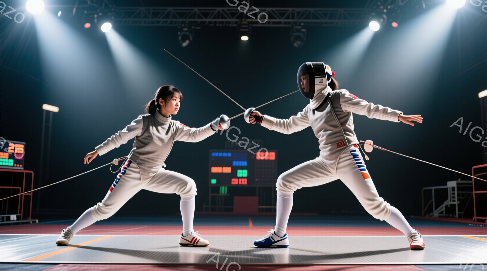 二人のフェンサーが競技場で対峙している。彼らは白いフェンシングスーツ、マスク、そして動きやすいスニーカーを着用しており、決意に満ちた表情をしている。背景には、デジタルスコアボードと競技場の構造が見え、スポットライトが二人を照らし出し、緊張感と集中力の漂う雰囲気を作り出している。