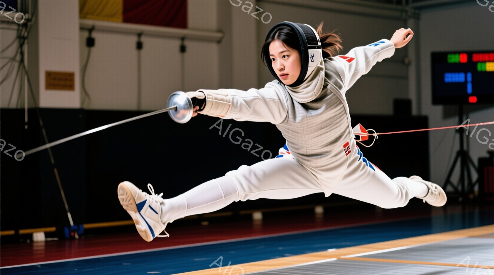 フェンシングの競技者が空中での動作を捉えられた写真です。白のフェンシングスーツに青いアクセント、ヘルメットとマスクを着用し、髪は隠れています。背景は体育館のような室内で、青いフェンシングコートと、スコ - AI生成フリー素材