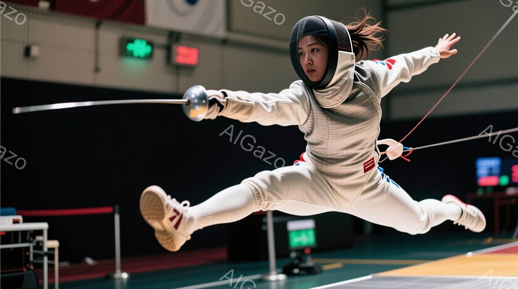 白いフェンシングスーツに身を包み、ヘルメットを被った女性フェンサーが、空中で足を大きく開いてジャンプしている様子が写っている。彼女の表情はヘルメットで隠れて見えないが、力強い動きから競技への集中と情熱 - AI生成フリー素材