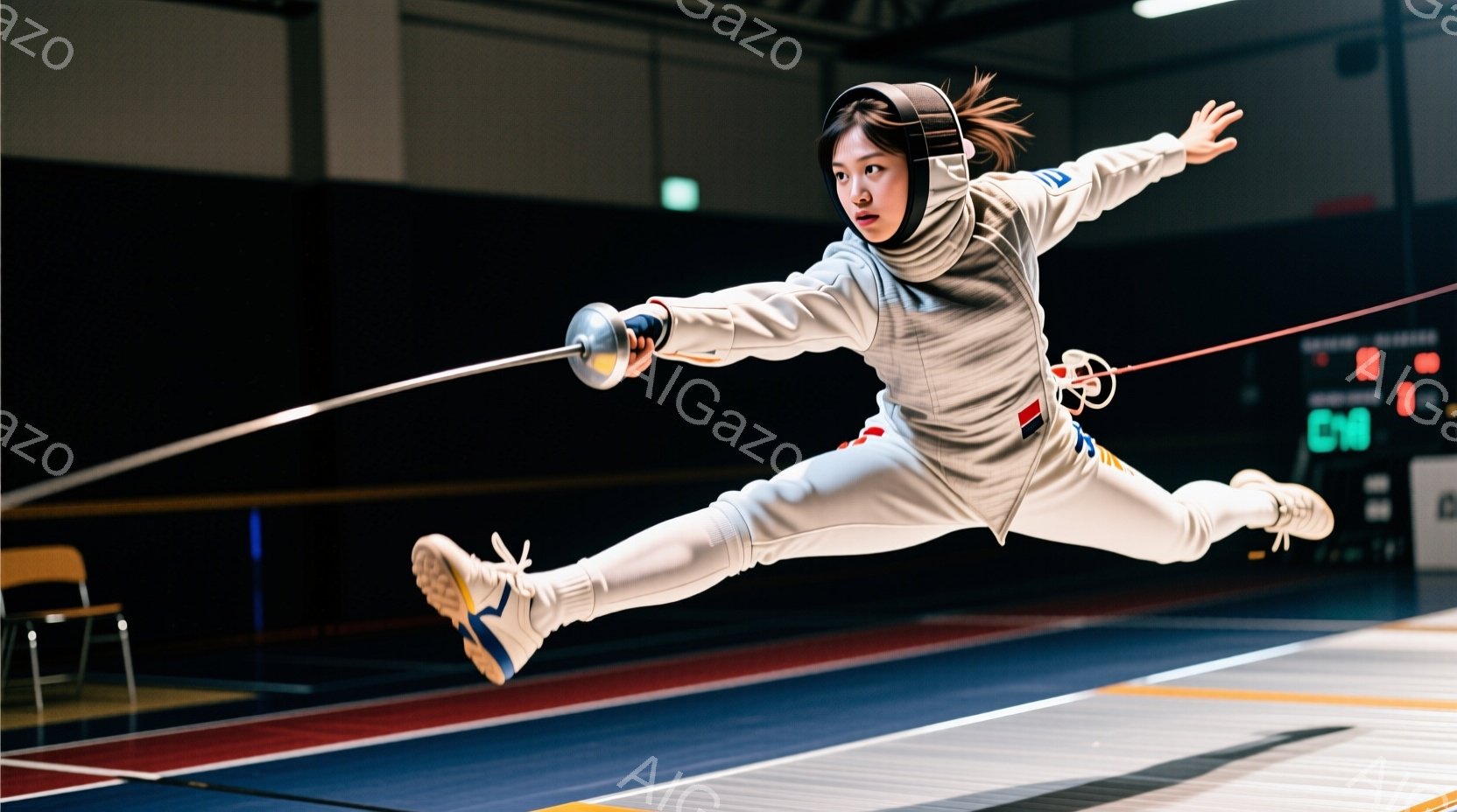 フェンシングの選手が空中姿勢で躍動している様子が捉えられた写真です。白のフェンシングスーツに青いマスクとジャケットを着用し、髪は後ろで束ねています。背景は体育館のような室内で、床にはフェンシング用のコ - AI生成フリー素材
