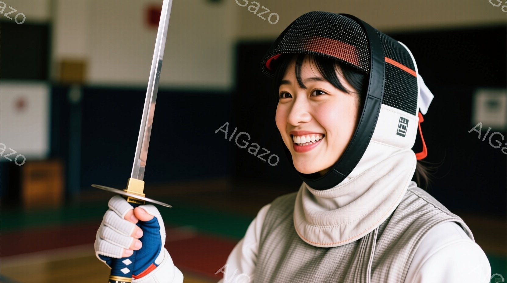 白いフェンシングスーツに、フェイスガードとプロテクターを身につけた女性が笑顔で立っている。彼女は片手にフェンシングの剣を持ち、自信に満ちた表情を見せている。背景には、壁と観客席が見え、屋内競技場の雰囲気が漂っている。