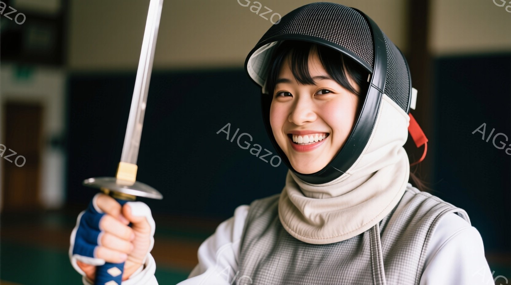 フェンシングの装備を身につけた女性が、笑顔で剣を構えています。白いフェンシングジャケット、黒いマスクとフード、そしてグローブをつけており、髪はマスクの下で軽くまとめられています。背景はややぼやけていま - AI生成フリー素材