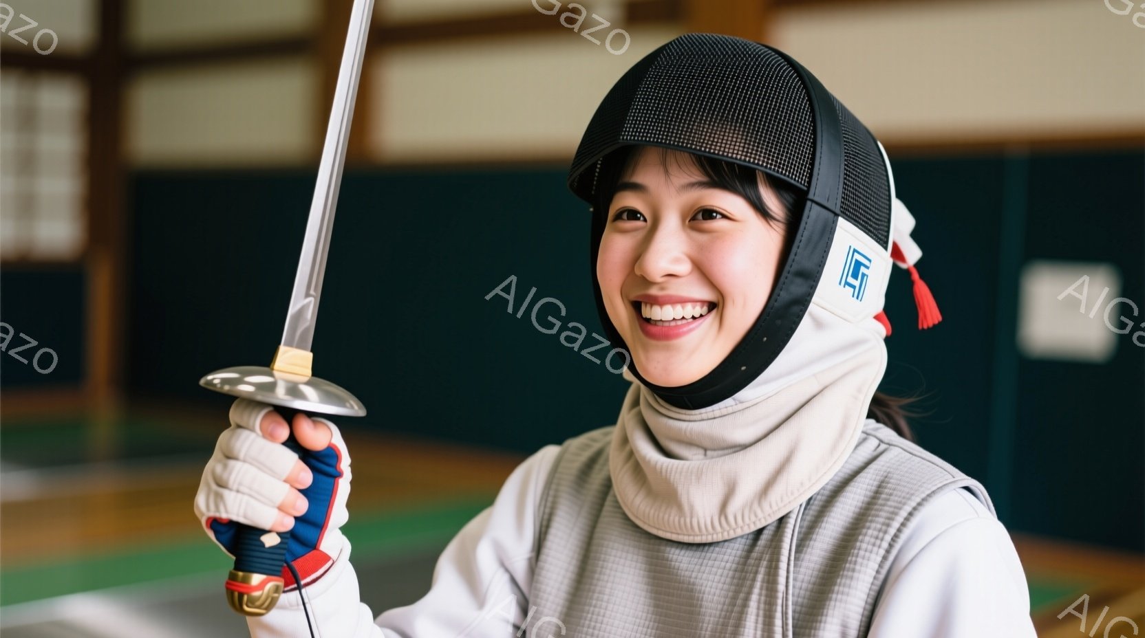 フェンシングウェアを身につけた若い女性が笑顔で写っている。彼女は白いジャケット、グレーの手袋、フェンシングマスクを着用し、片手に剣を持っている。背景には、体育館のような空間が見え、明るく活気のある雰囲 - AI生成フリー素材