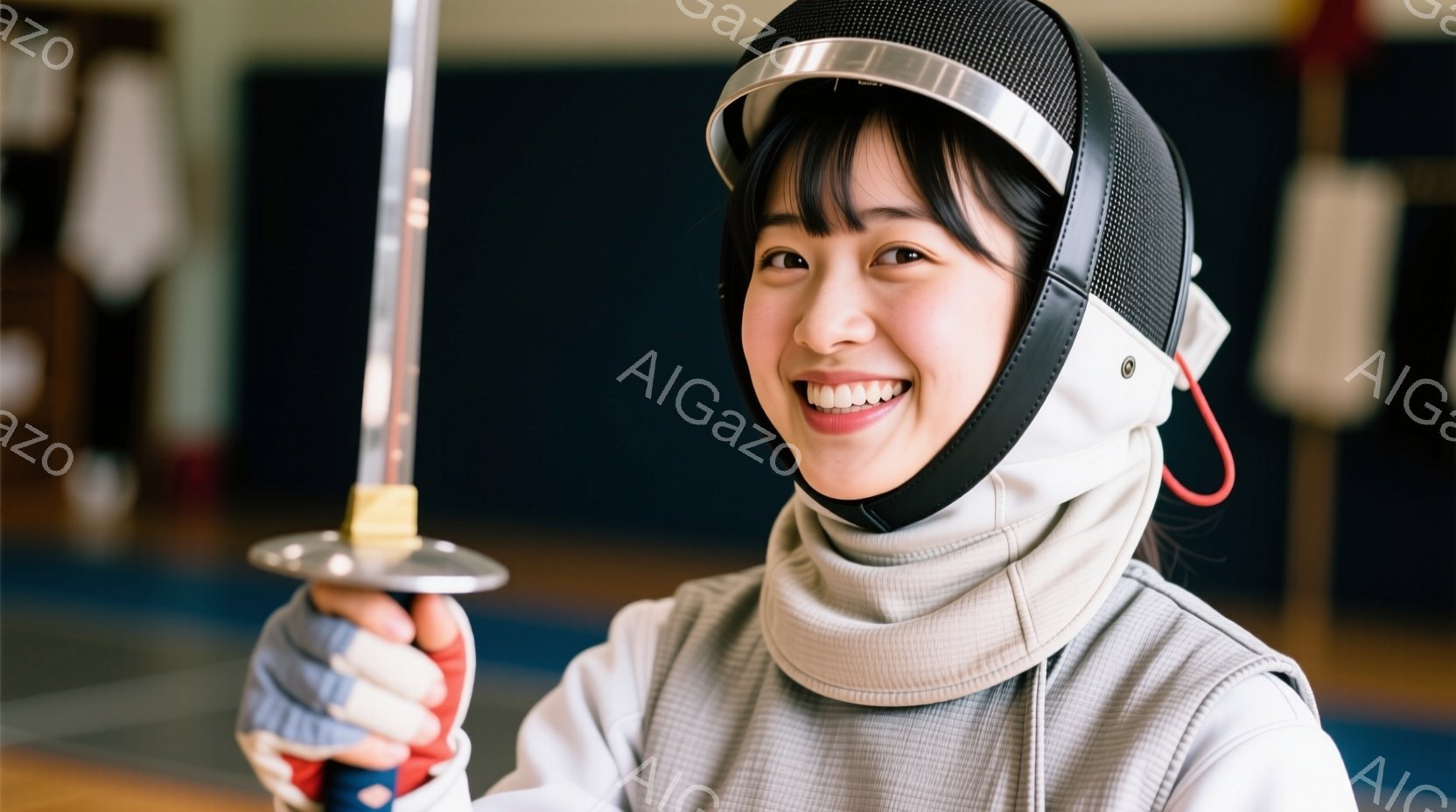 フェンシングのユニフォームを着用した若い女性が、笑顔でカメラを見ています。彼女はフェンシングの剣を片手に持ち、決意に満ちた表情をしています。背景には、ぼやけた壁とフェンシングの用具が見え、室内での練習 - AI生成フリー素材