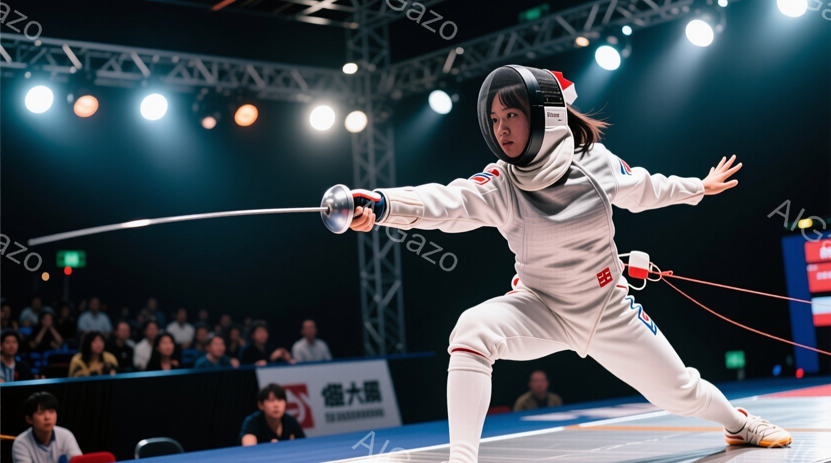 競技者は白いフェンシングスーツとマスクを着用し、左手を前に出して構え、右手にフェンシングの剣を持っています。彼女は競技場の青い床の上で、膝を曲げた低い姿勢で臨み、集中した表情をしています。背景には観客 - AI生成フリー素材