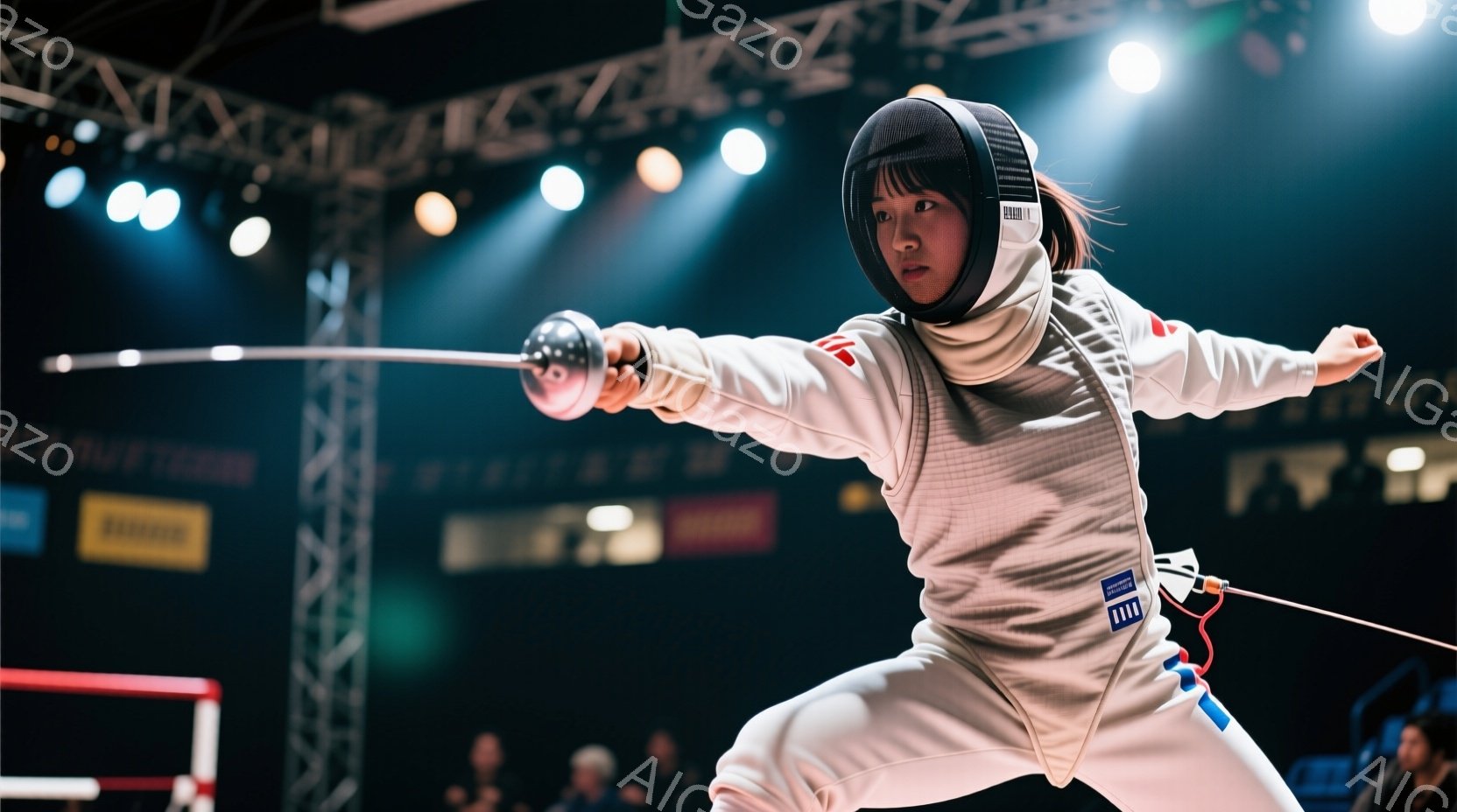 フェンシングの試合中の女性選手が写っている。彼女はフェンシングスーツとヘルメットを着用し、剣を構え、右足を大きく踏み出して攻撃態勢に入っている。背景には観客席が見え、試合会場の活気ある雰囲気が感じられる。
