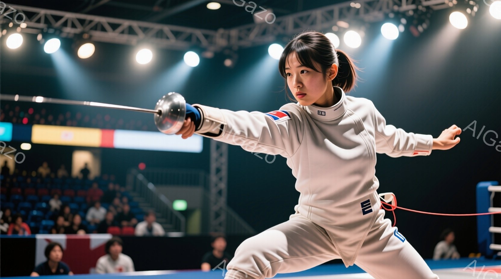 フェンシングの選手が競技中に写っている。白いフェンシングスーツとマスクを着用し、髪は後ろでまとめて、真剣な表情で剣を構えている。背景には観客席とフェンシングのコートがあり、競技会場の緊張感と集中した雰 - AI生成フリー素材