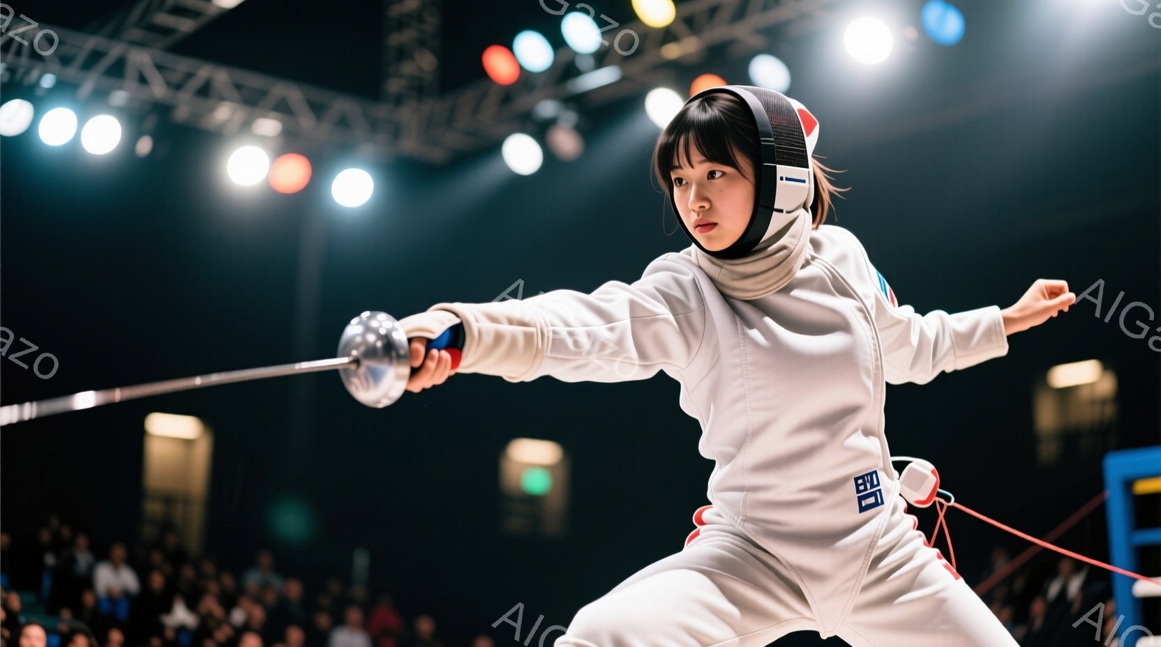 フェンシングの選手が競技中に写っている。白いフェンシングスーツとヘルメットを着用し、顔は真剣な表情で、剣を構えて攻撃態勢に入っている。背景には観客席が見え、競技場の照明が明るく照らされている。